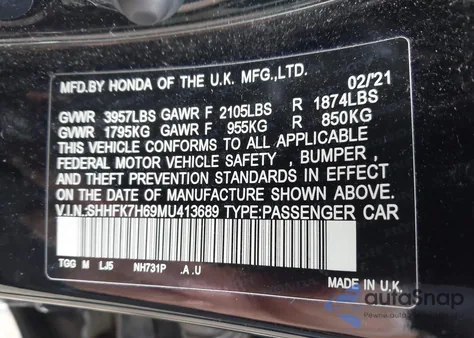 2021 Honda Civic Ex from USA, damaged, VIN SHHFK7H69MU413689